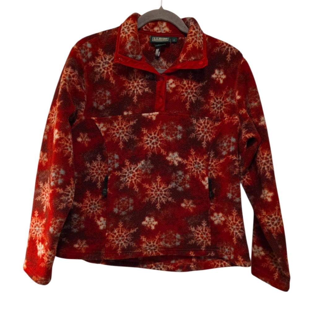L.L.Bean, Half Button Pullover, Fleece, Red Snowflake Print, Women's Sz Small, C